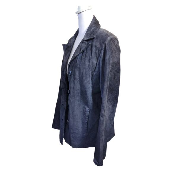 Green Fields Blue Suede Leather Jacket Womens Medium Collared Minimalist Classic - Picture 8 of 8